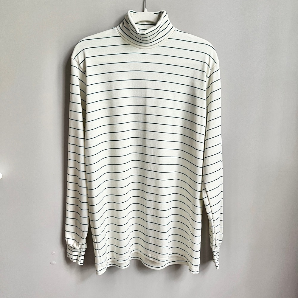 Vintage L.L. Bean Turtleneck Men's Small Tall Cream Green Stripes 90s USA Retro